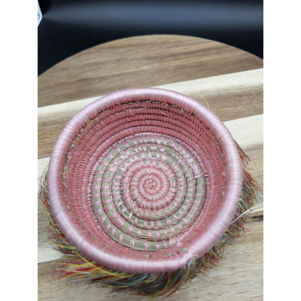 Handmade Woven Basket Small‎ Trinket Dish Pink Decor